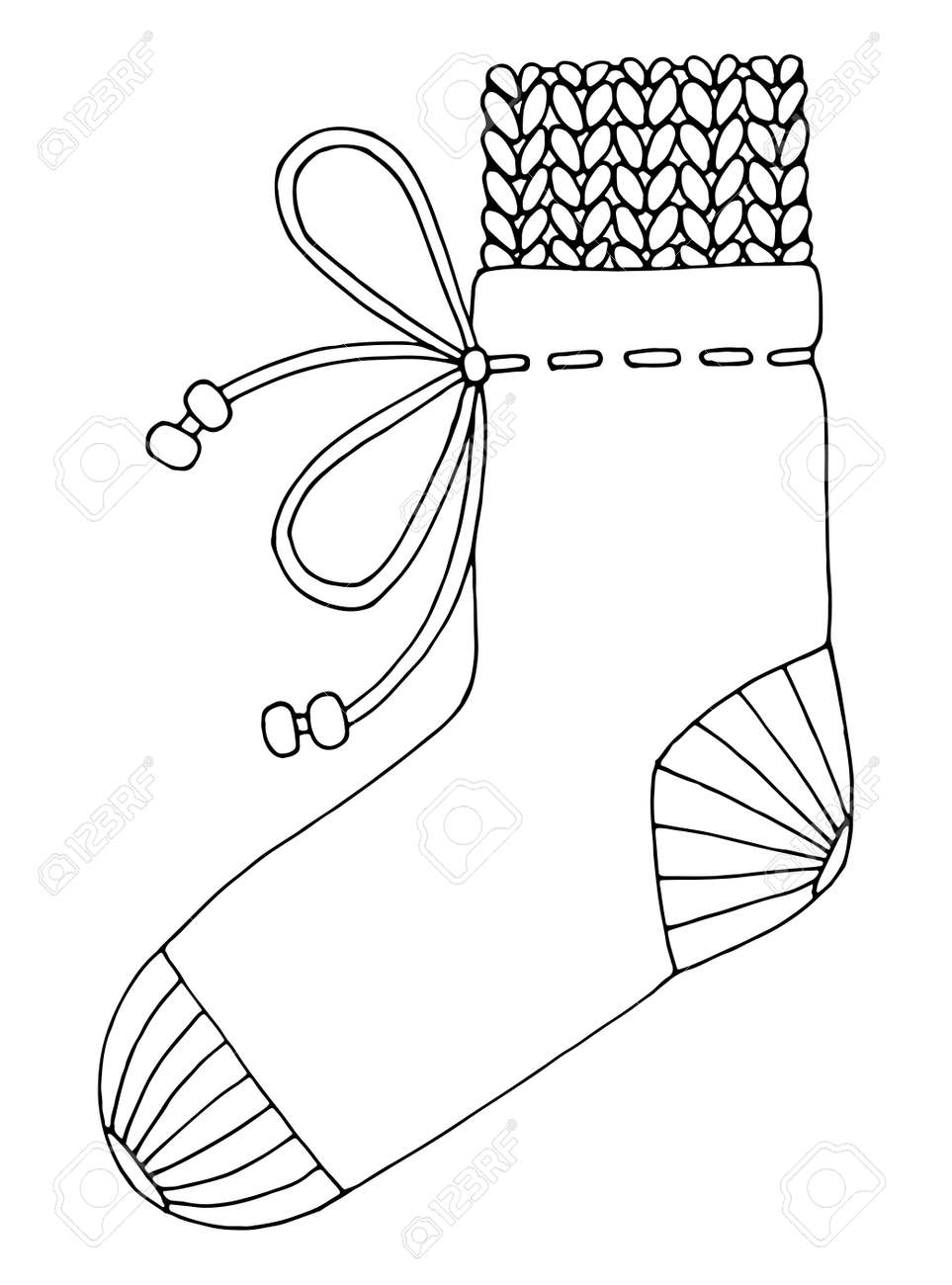 Coloring page of warm socks with knitted top and bow tie leg garment hand drawn vector line art illustration coloring book for children and adults black and white sketch royalty free svg