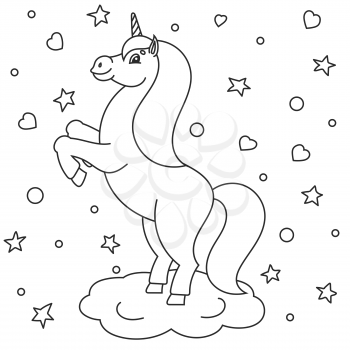 Coloring book for kids the magical unicorn reared up the animal horse stands on its hind legs cartoon style simple flat vector illustration school edition