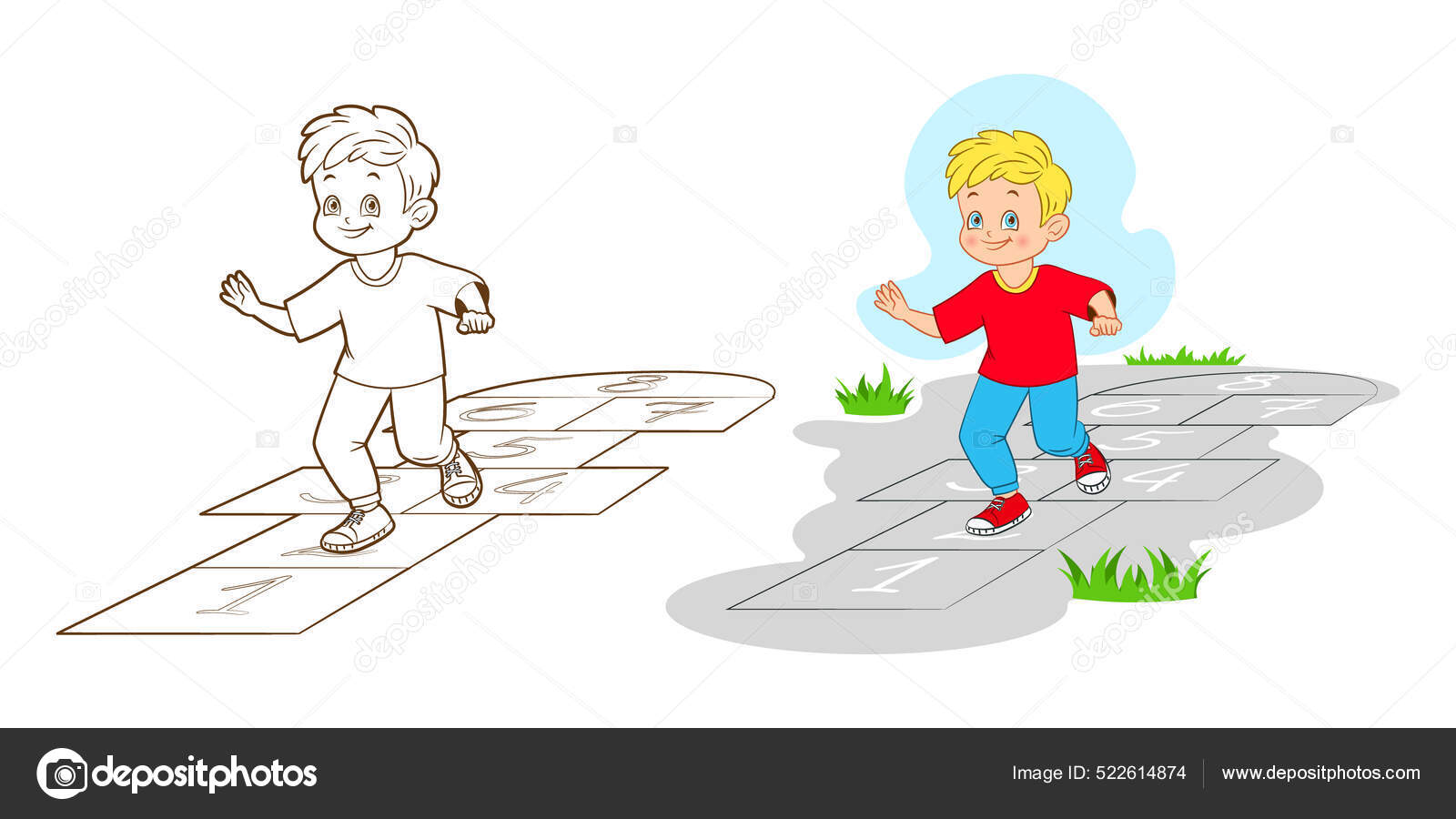 The boy playing hopskotch jumps on one leg while coloring book vector illustration cartoon style black and white line art stock vector by hannashvets