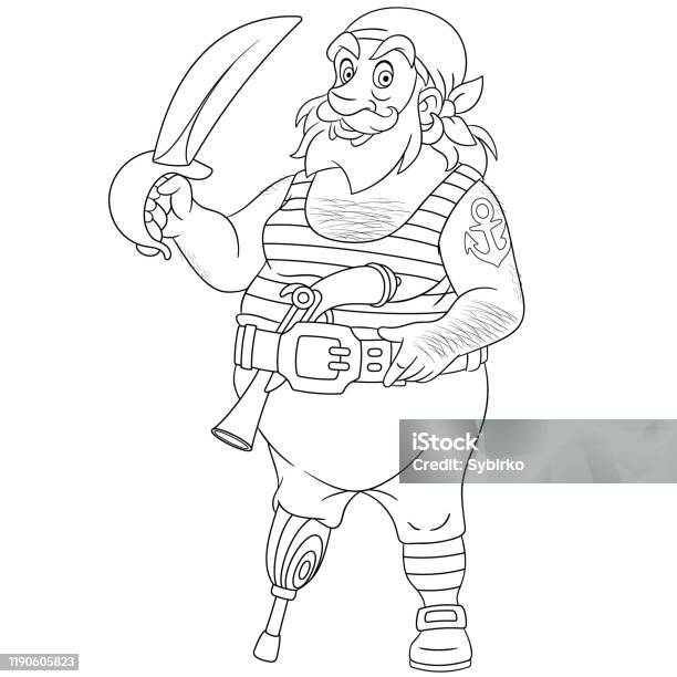 Coloring page of cartoon pirate with one leg stock illustration