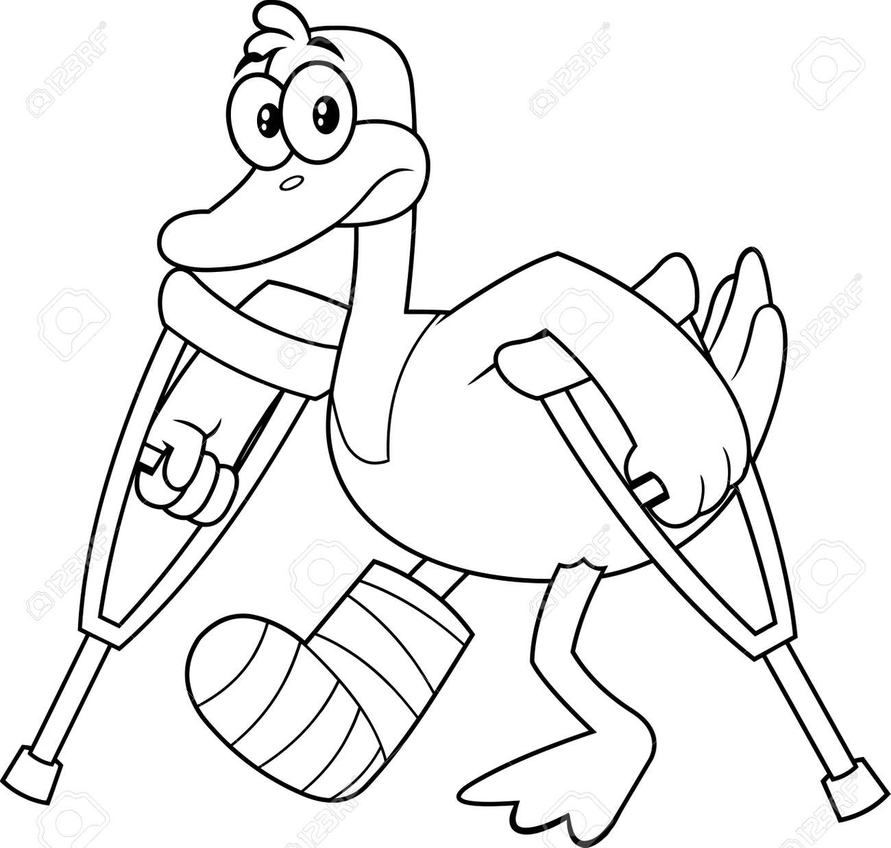 Black and white duck cartoon character with crutches and plastered leg vector illustration isolated on white background royalty free svg cliparts vectors and stock illustration image