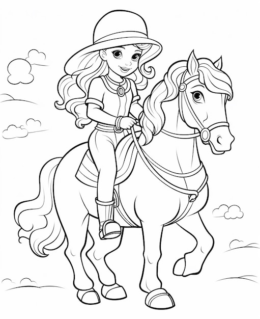 Premium ai image a coloring page of a girl riding a horse with a hat on generative ai