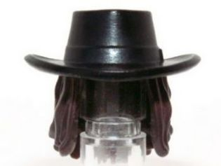 Minifigure hair bo hat with hair cowboy gambler style with long dark brown hair part pb