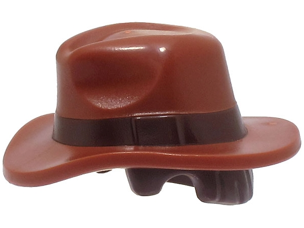 Minifigure hair bo hat with hair fedora outback style with wide brim with molded dark brown band and short hair pattern part pb