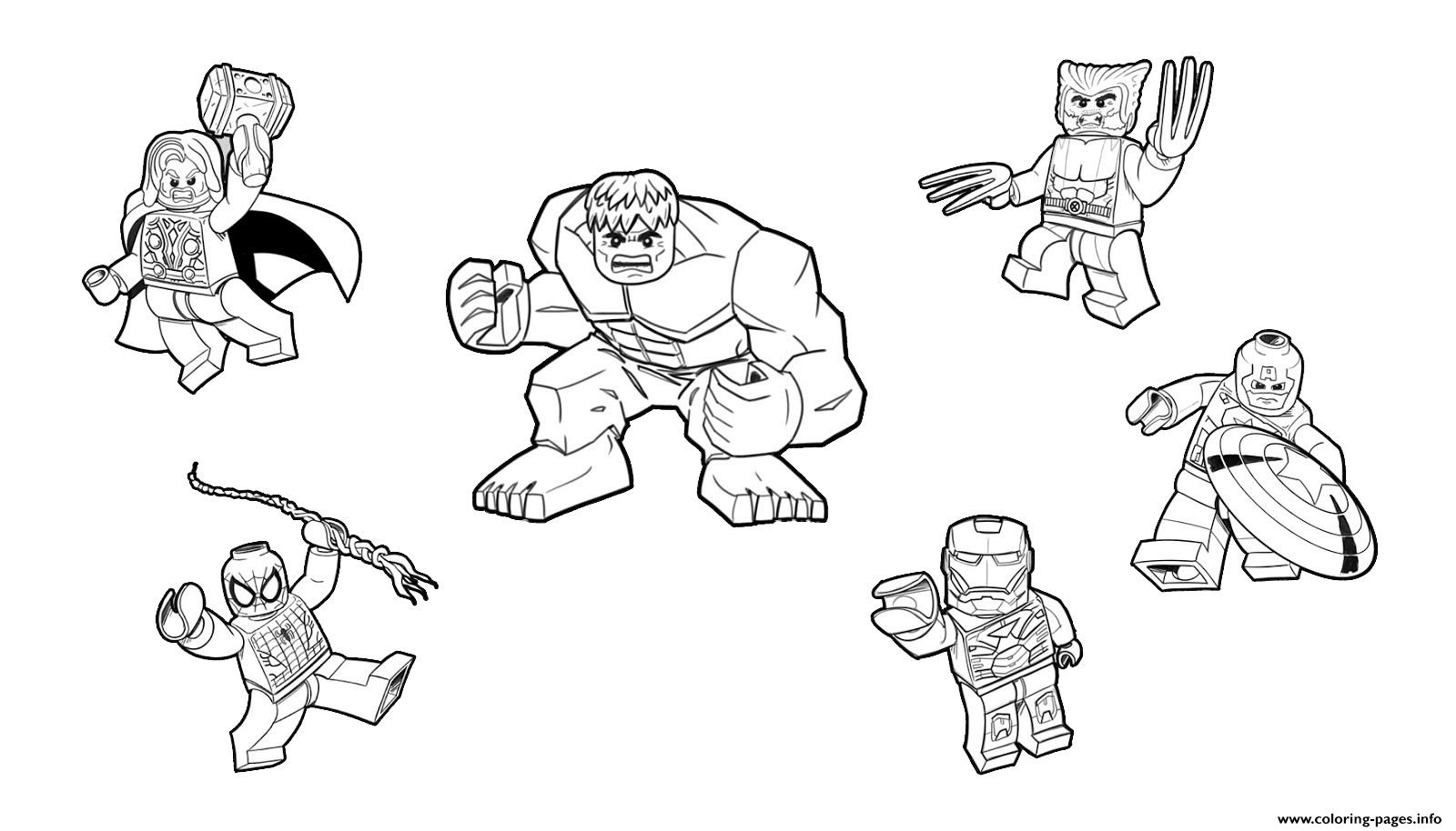 Team lego marvel hulk ironman spiderman thor america wolverine coloring page printable