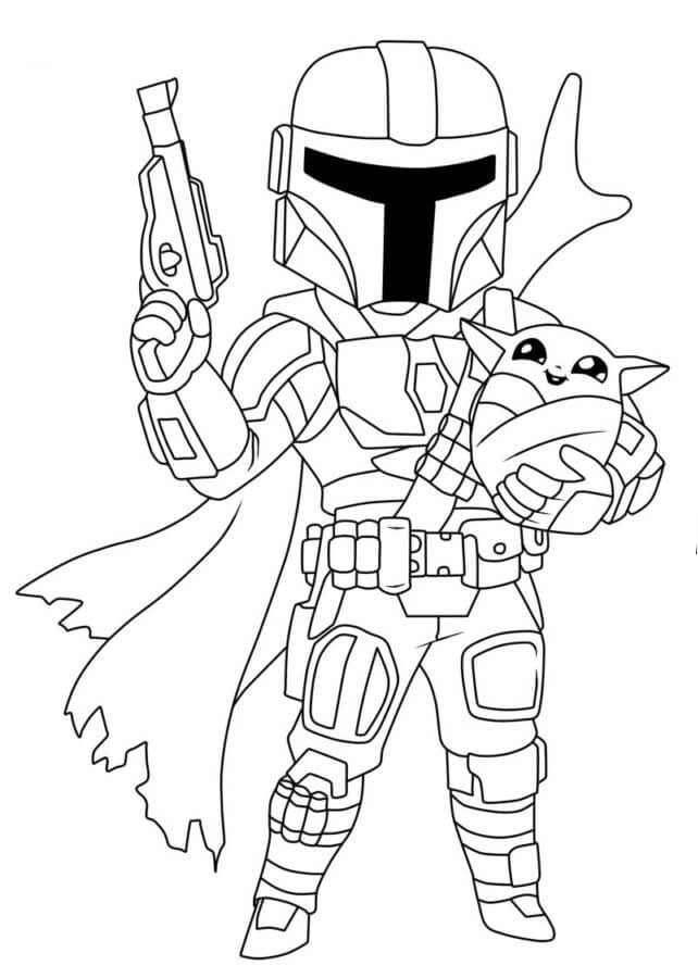 Mandalorian holding baby yoda and weapon coloring page