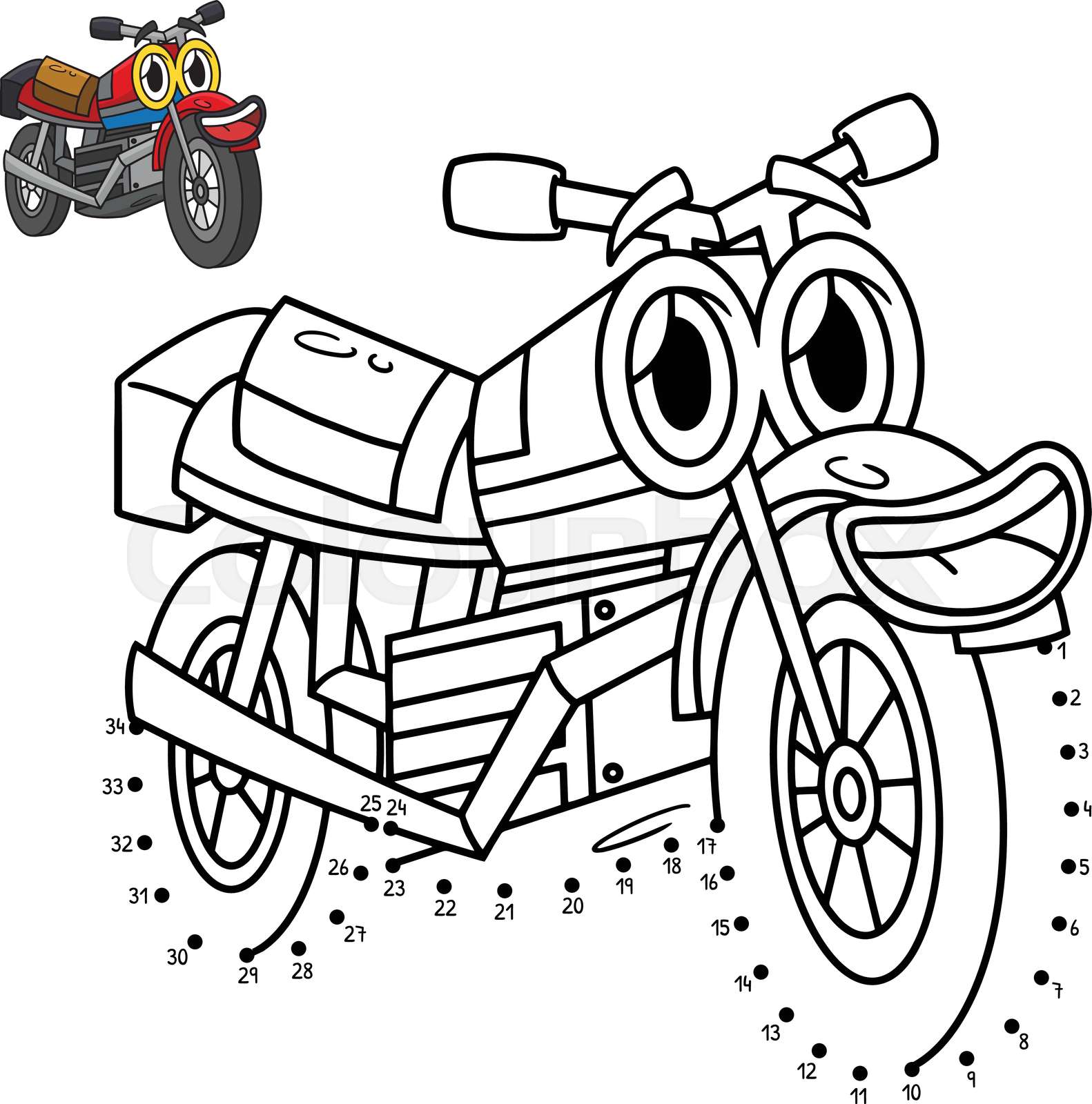 Dot to dot motorcycle with face isolated coloring stock vector