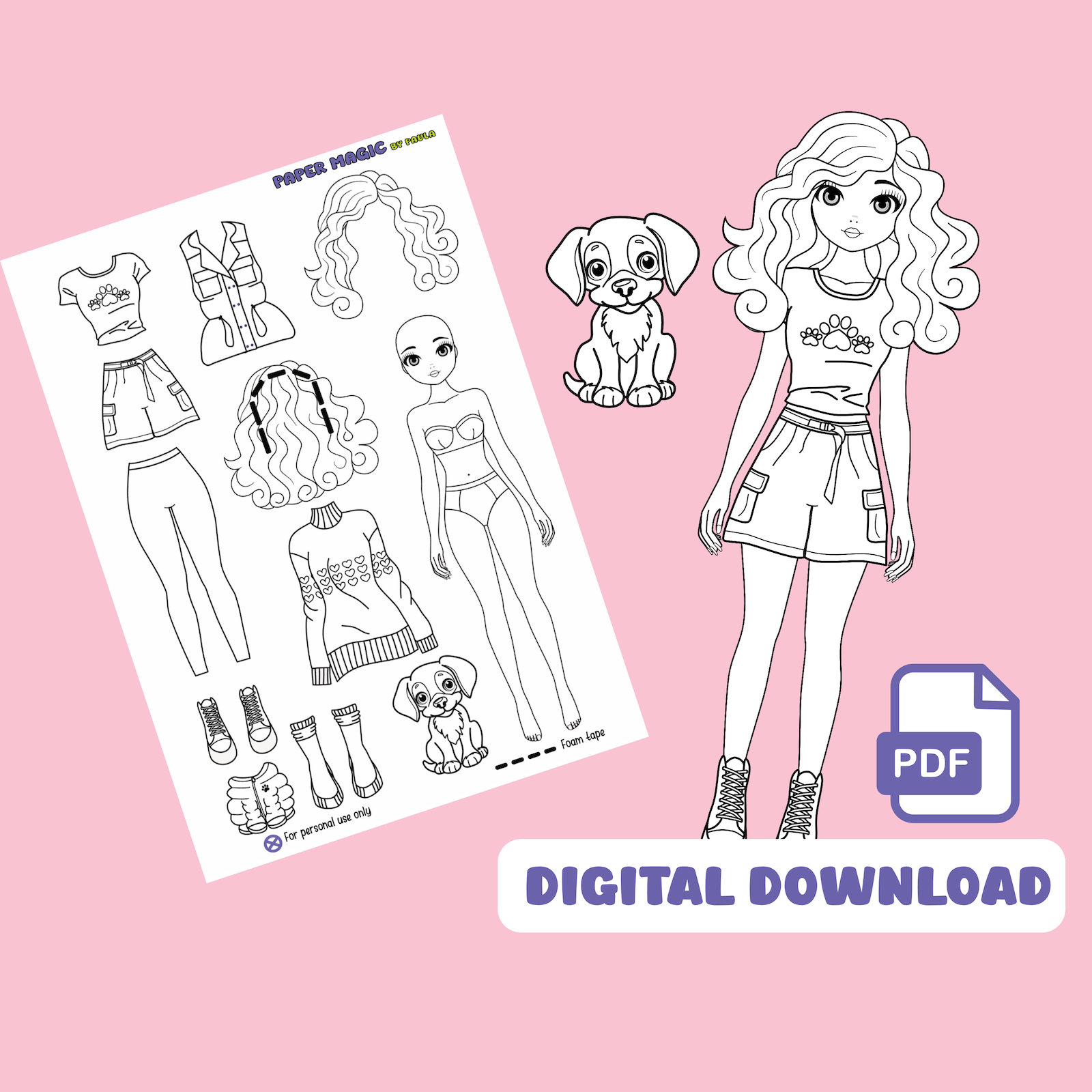 Paper doll coloring pages paperdoll with dog dress up paper doll quiet book pages activity for kids coloring pages printable gift kids