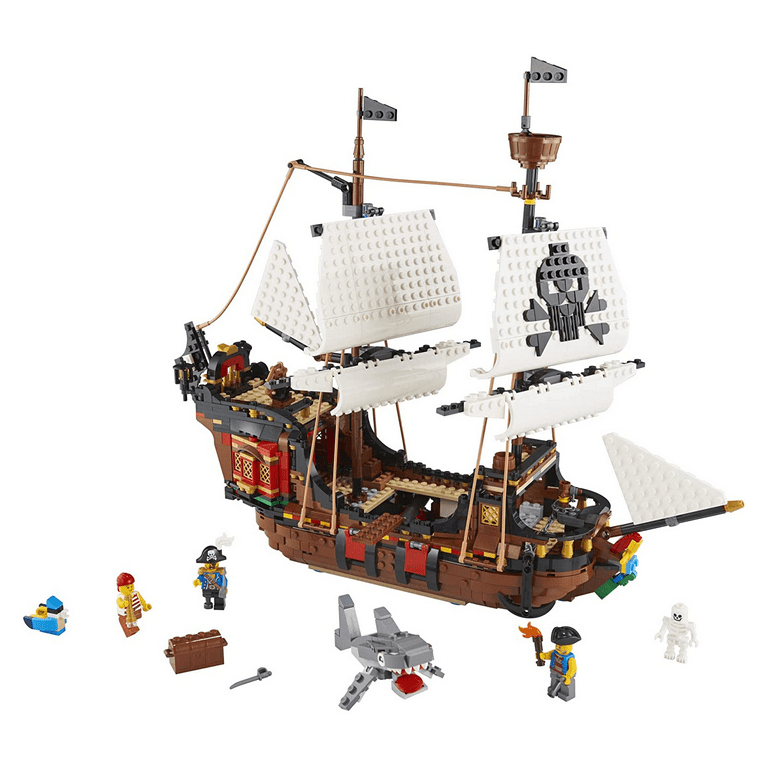 Lego creator in pirate ship building set kids can rebuild the pirate ship into an inn or skull island features minifigures and shark toy makes a great gift for