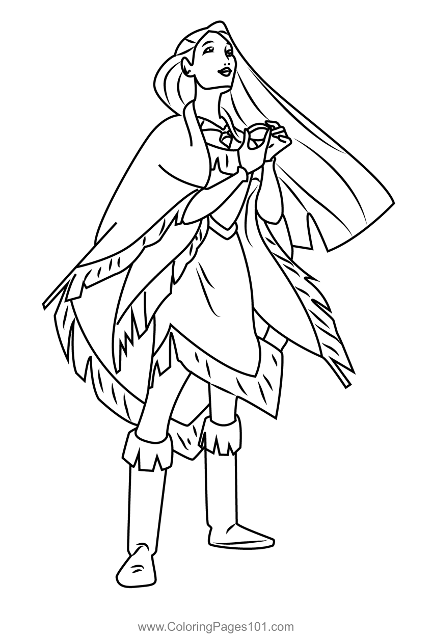 Pocahontas in winter outfit coloring page for kids