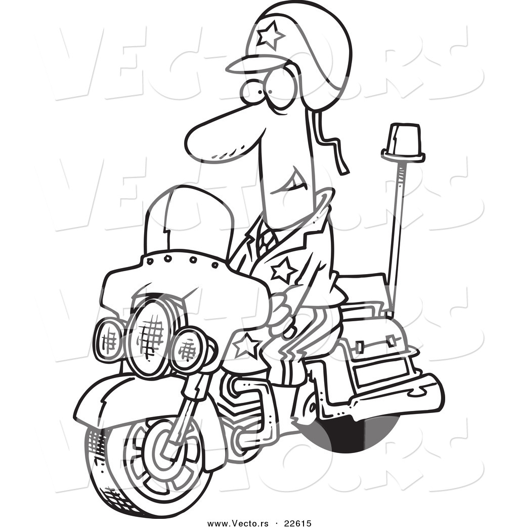 R of a cartoon motorcycle cop