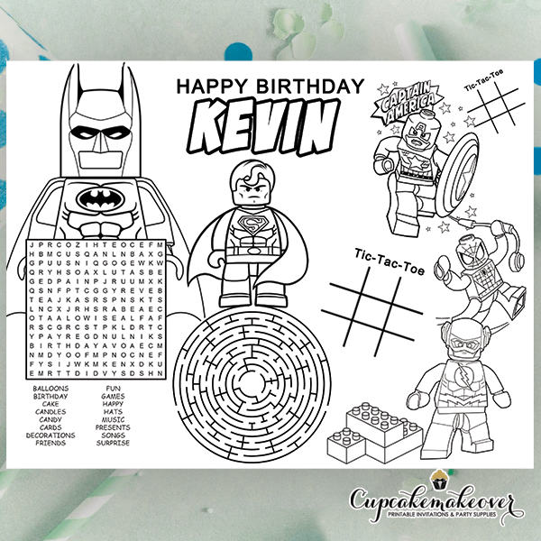 Lego superheroes birthday coloring sheet party activity