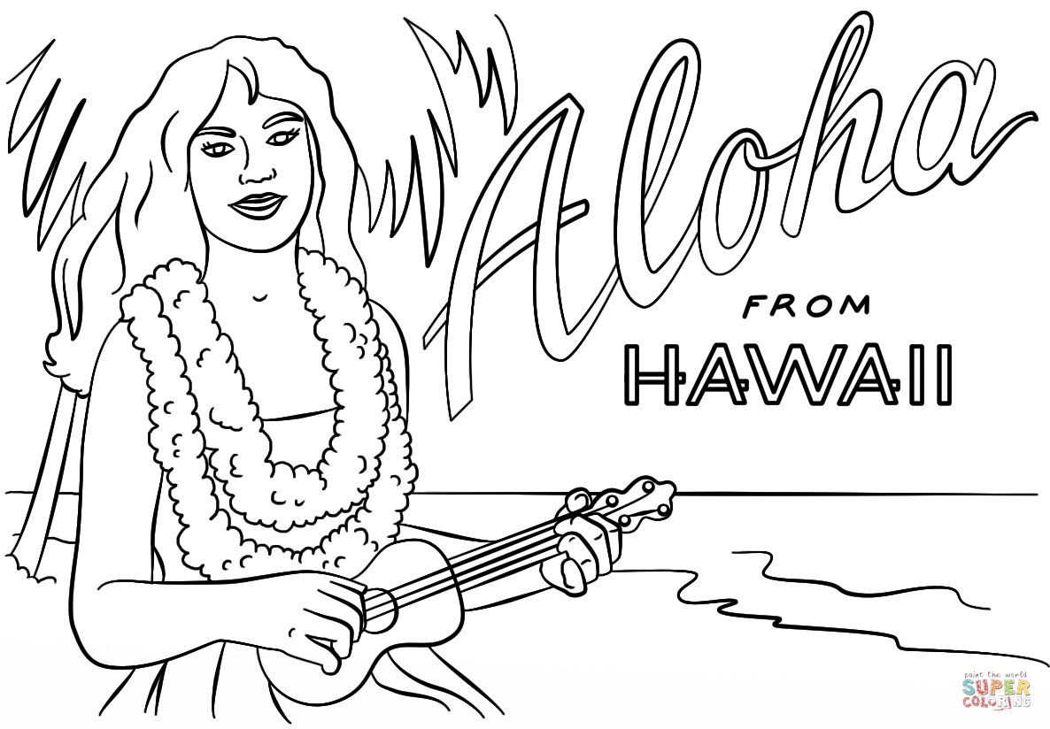 Hawaiian girl with lei and ukulele coloring page free printable coloring pages