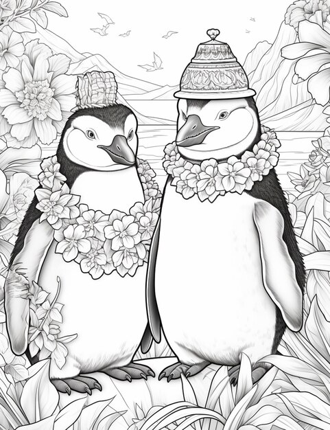 Premium ai image coloring pages of two penguins with lei leis and flowers generative ai