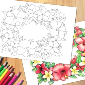 Tropical flowers wreath coloring page christmas printable adult colouring download hawaiian lei garland necklace