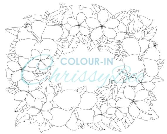 Tropical flowers wreath coloring page christmas printable adult colouring download hawaiian lei garland necklace