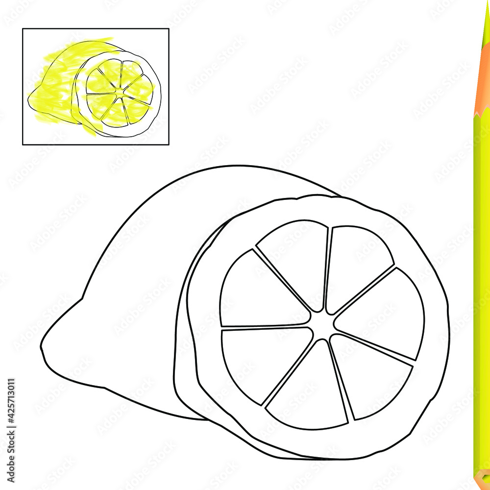 Coloring book lemon with an example of how to color coloring pages cartoon clipart for childrens activities vector illustration black and white vector illustration for coloring vector