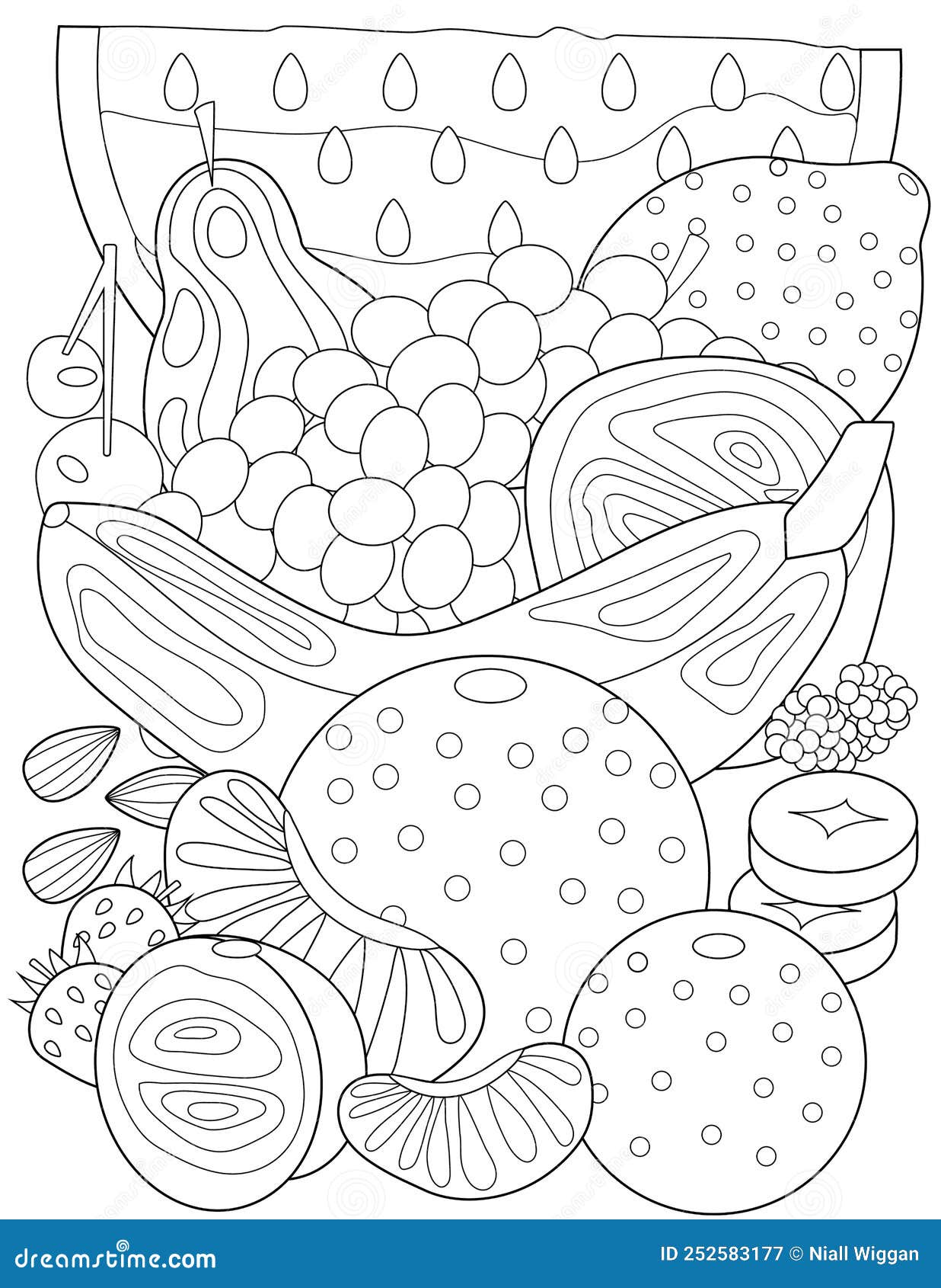 Coloring page with orange lemon banana strawberry grapes cherries raspberries pear watermelon and tangerine stock vector