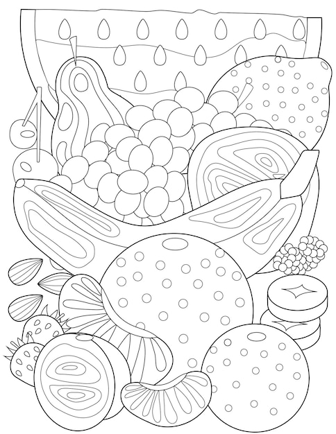 Premium vector coloring page with orange lemon banana strawberry grapes cherries raspberries pear watermelon and tangerine sheet to be colored with variuos fruits