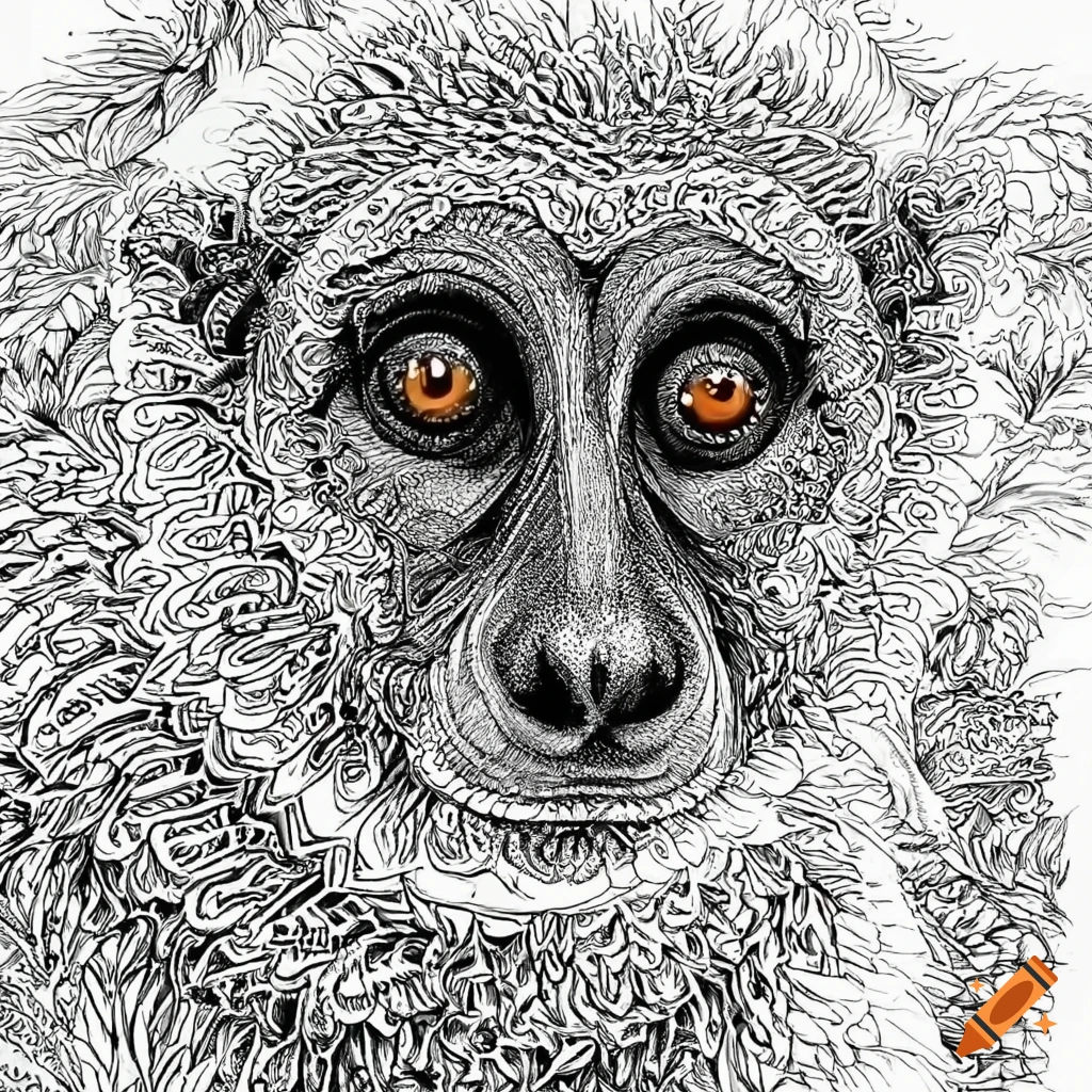 Coloring page for adults mandala monkey image greater bamboo lemur white background clean line art fine line art