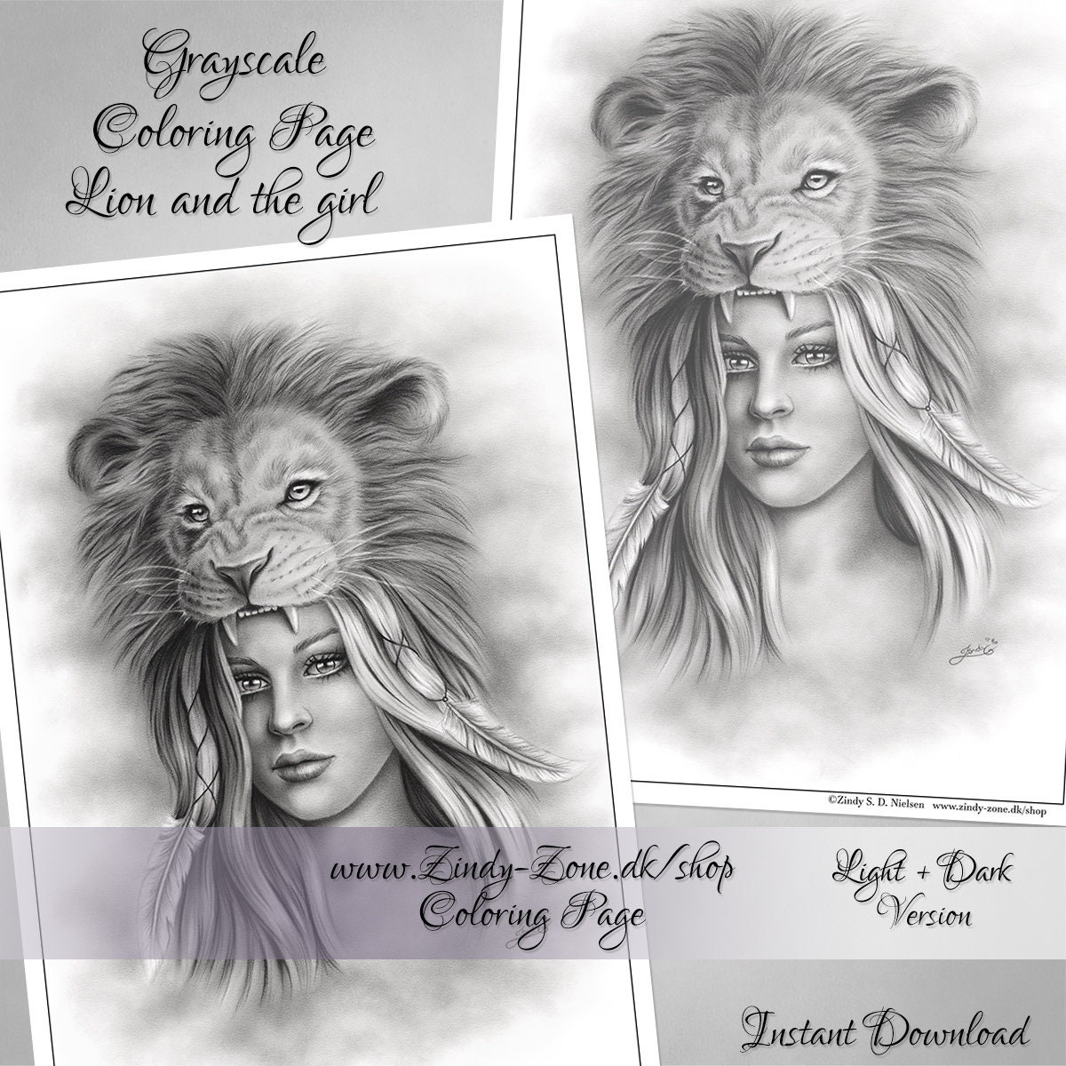 Grayscale coloring page lion girl woman feather animal spiritual zindy nielsen