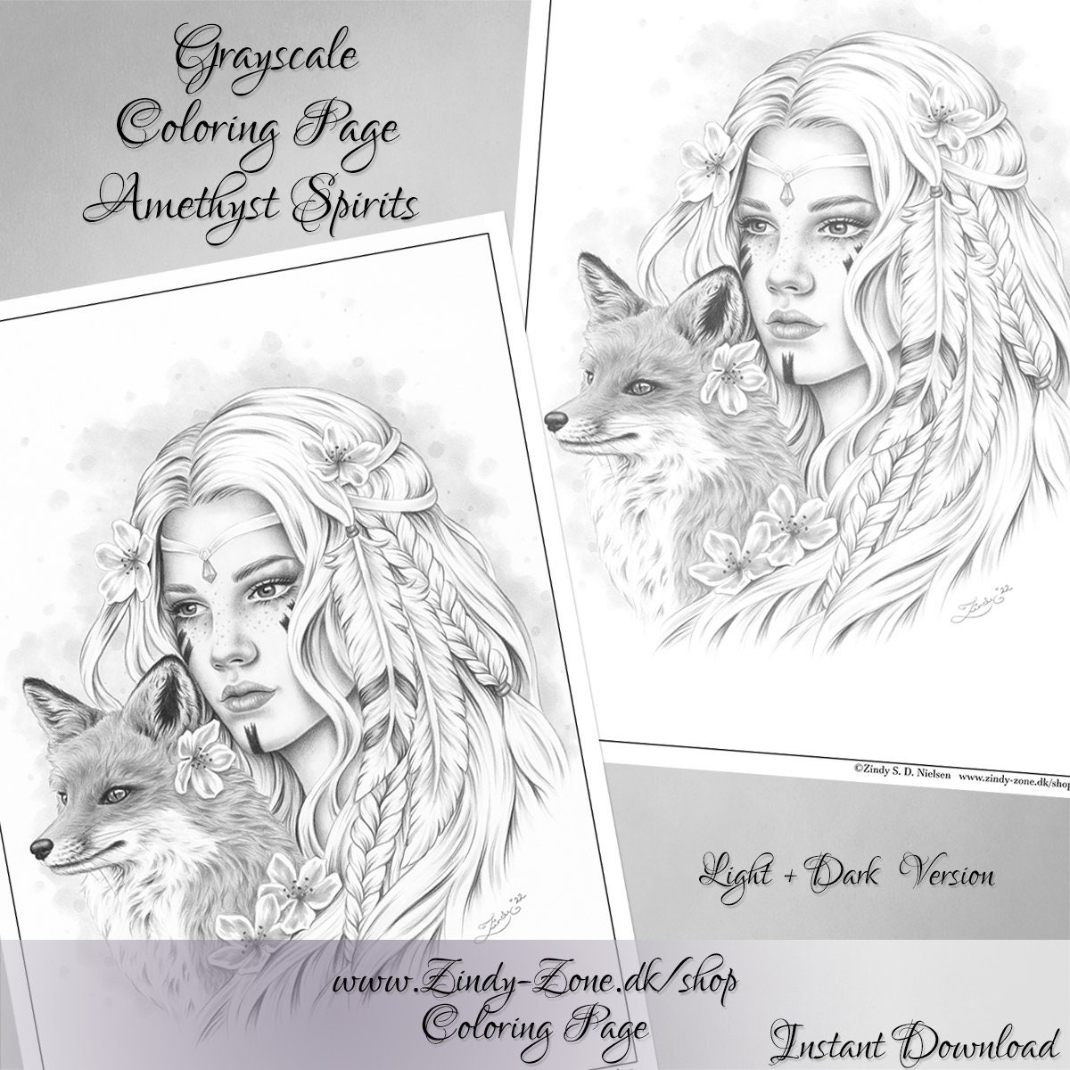 Grayscale coloring page amethyst fox girl woman feather animal zindy nielsen