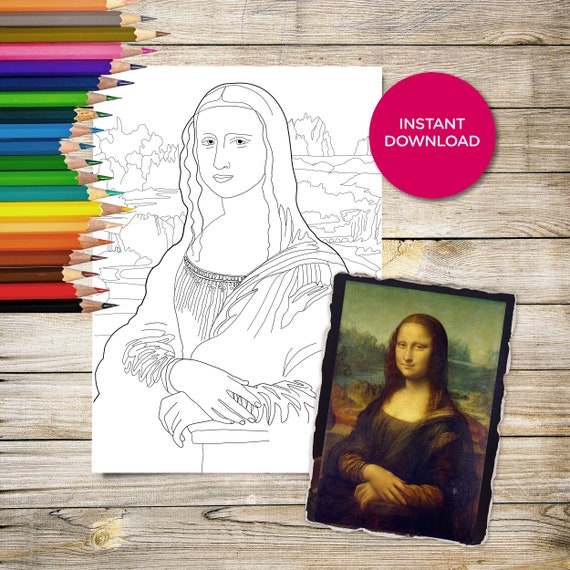 Pdf printable coloring pages adult colouring pages instant digital download italian art leonardo da vinci mona lisa painting gioconda