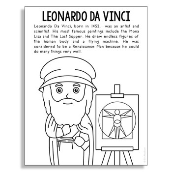 Leonardo da vinci inventor coloring page poster craft stem worksheet activity