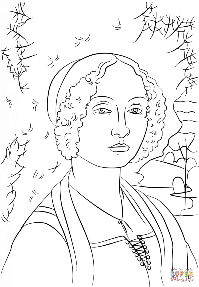 Portrait of ginevra benci by leonardo da vinci coloring page free printable coloring pages