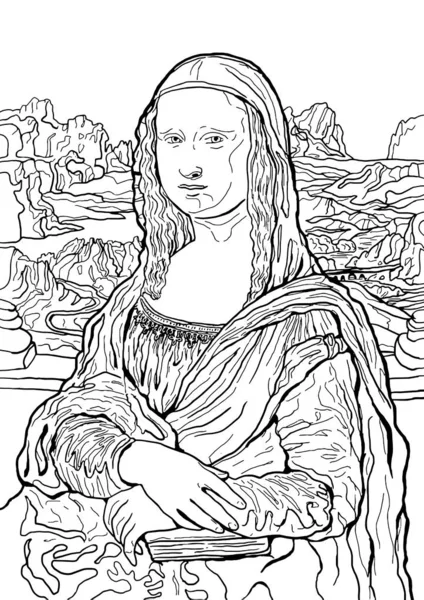 Vector illustration of leonardo da vincis painting mona lisa black and white line artwork for your project can be used as coloring book page