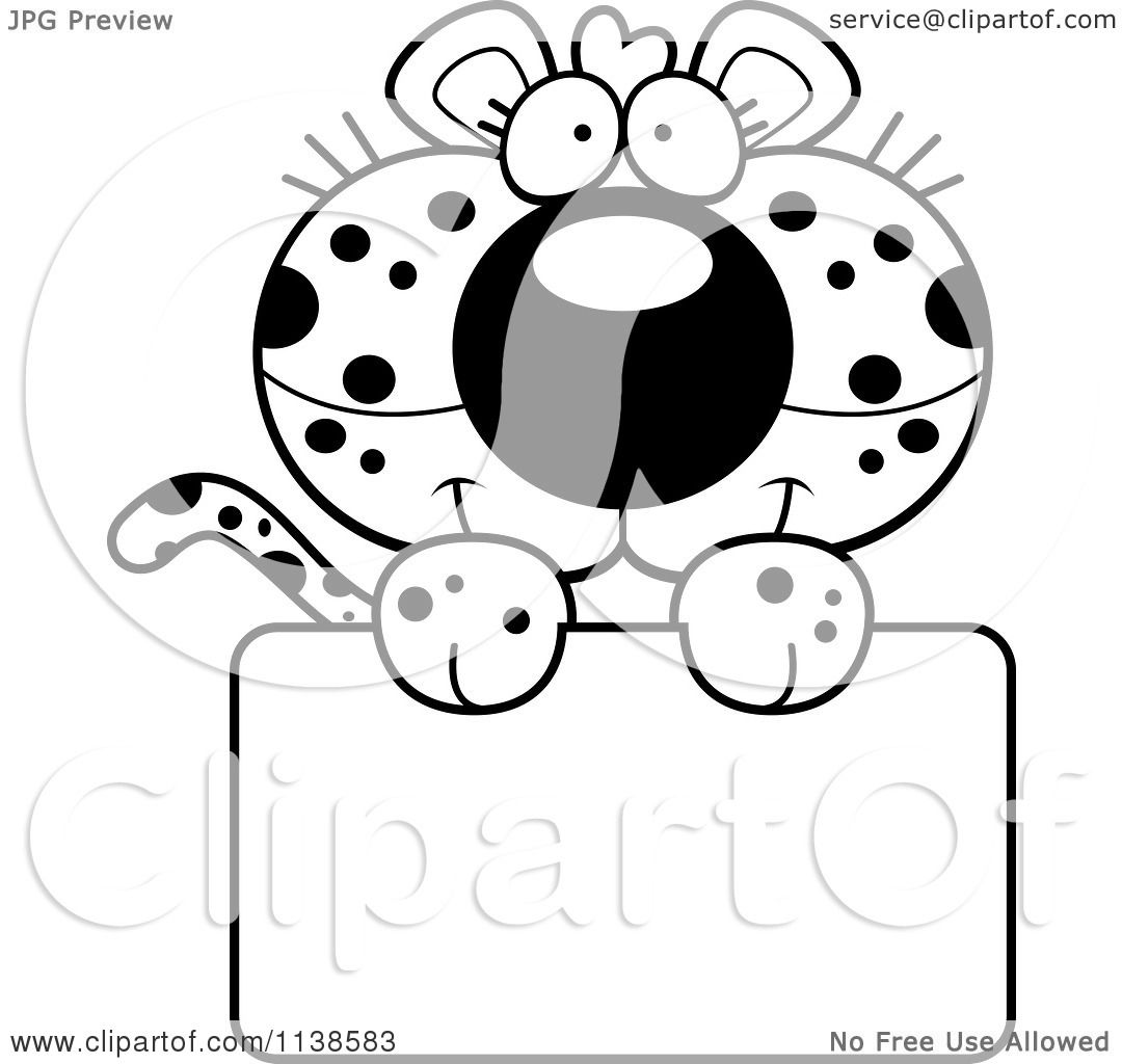 Cartoon clipart of an outlined cute leopard cub over a sign