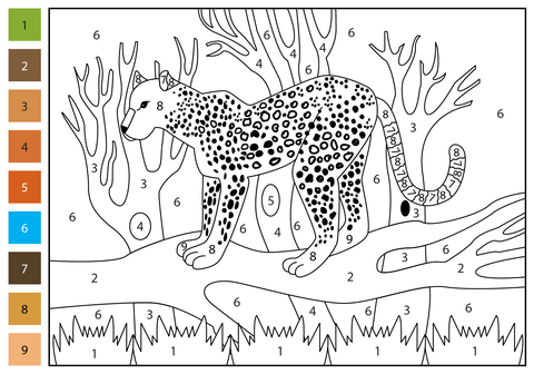 Leopard color by number free printable coloring pages