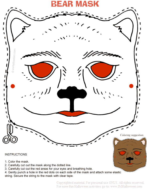 Bear mask coloring page and cutout