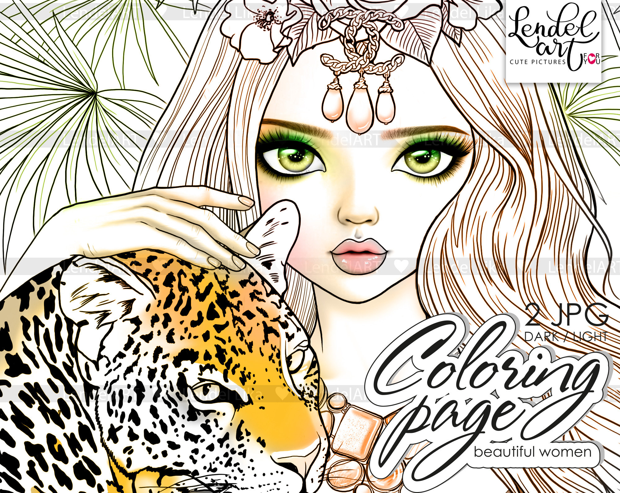 Printable coloring page girl portrait coloring page for adults fairy leopard grayscale coloring page instant download jpg download now