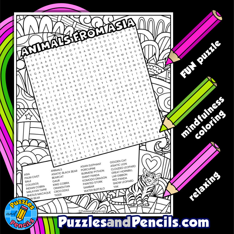 Animals from asia word search puzzle with coloring asia wordsearch made by teachers