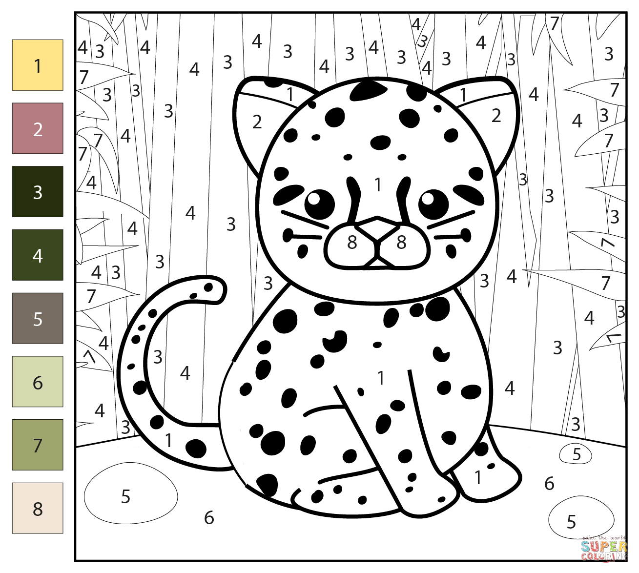 Leopard color by number free printable coloring pages