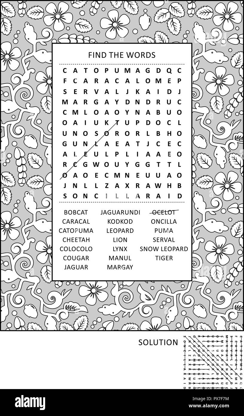 Puzzle and coloring activity page with wild cats word search puzzle english and wide decorative frame to color answer included stock vector image art