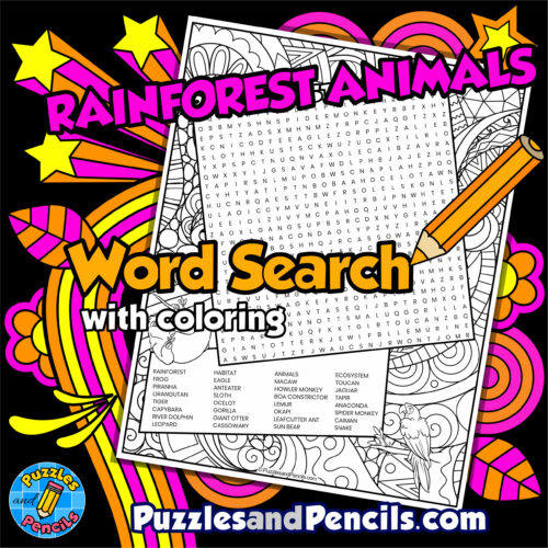 Rainforest animals word search puzzle with coloring rainforest habitat wordsearch made by teachers