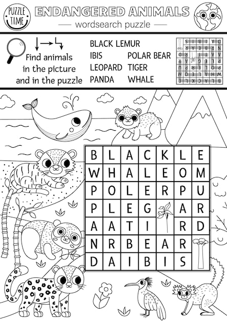 Premium vector vector ecological wordsearch puzzle for kids with endangered species black and white earth day word search line quiz with extinct animals in the wild eco awareness educational activity coloring