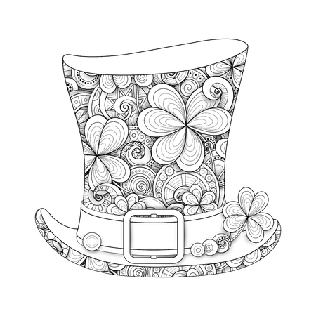 Leprechaun vintage top hat illustration doodle st patricks day symbol decorative ornament with clover leaf abstract coins and swirl coloring book page vector d ornate drawing ù ùùø øªøµù ùù ù