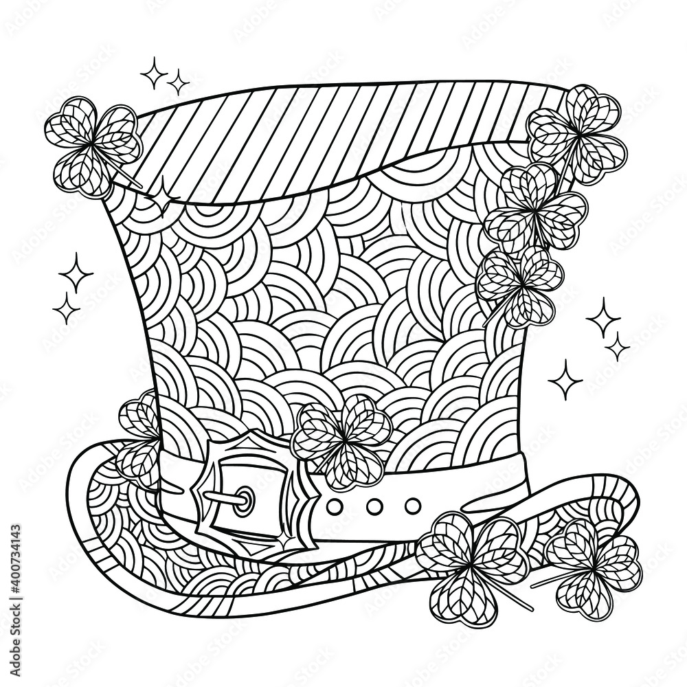 Coloring page leprechaun hat with shamrock in doodle vector outline illustration for print logo tatoo vector