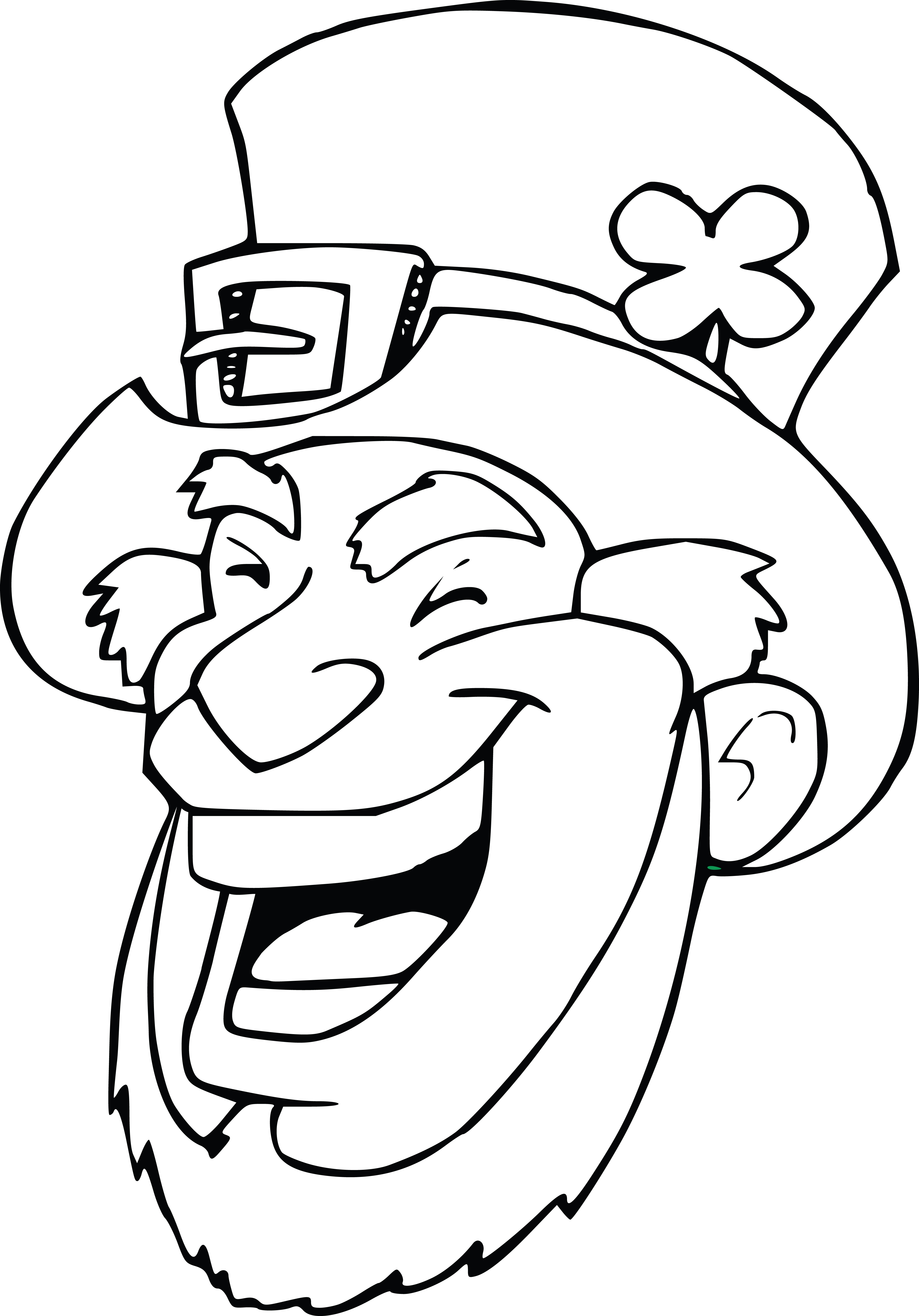 Clipart of a lineart black and white laughing leprechaun face