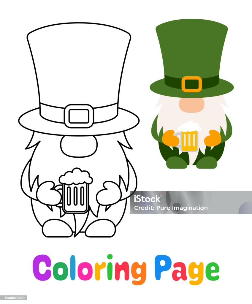 Coloring page with leprechaun for kids stock illustration