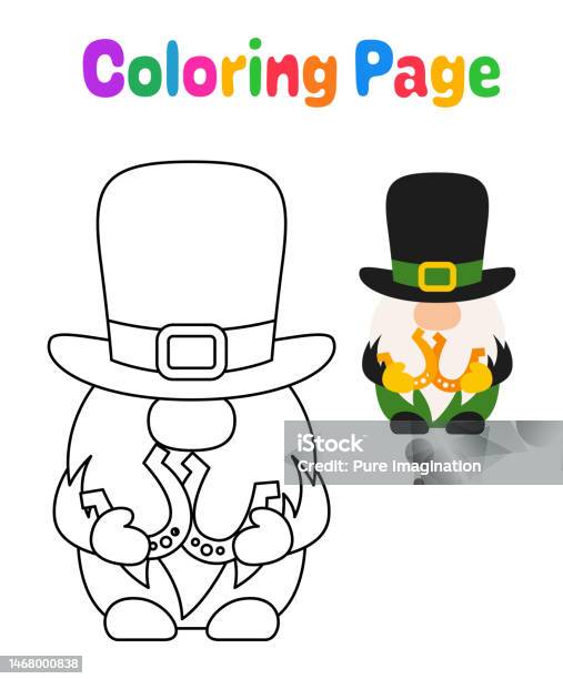 Coloring page with leprechaun for kids stock illustration