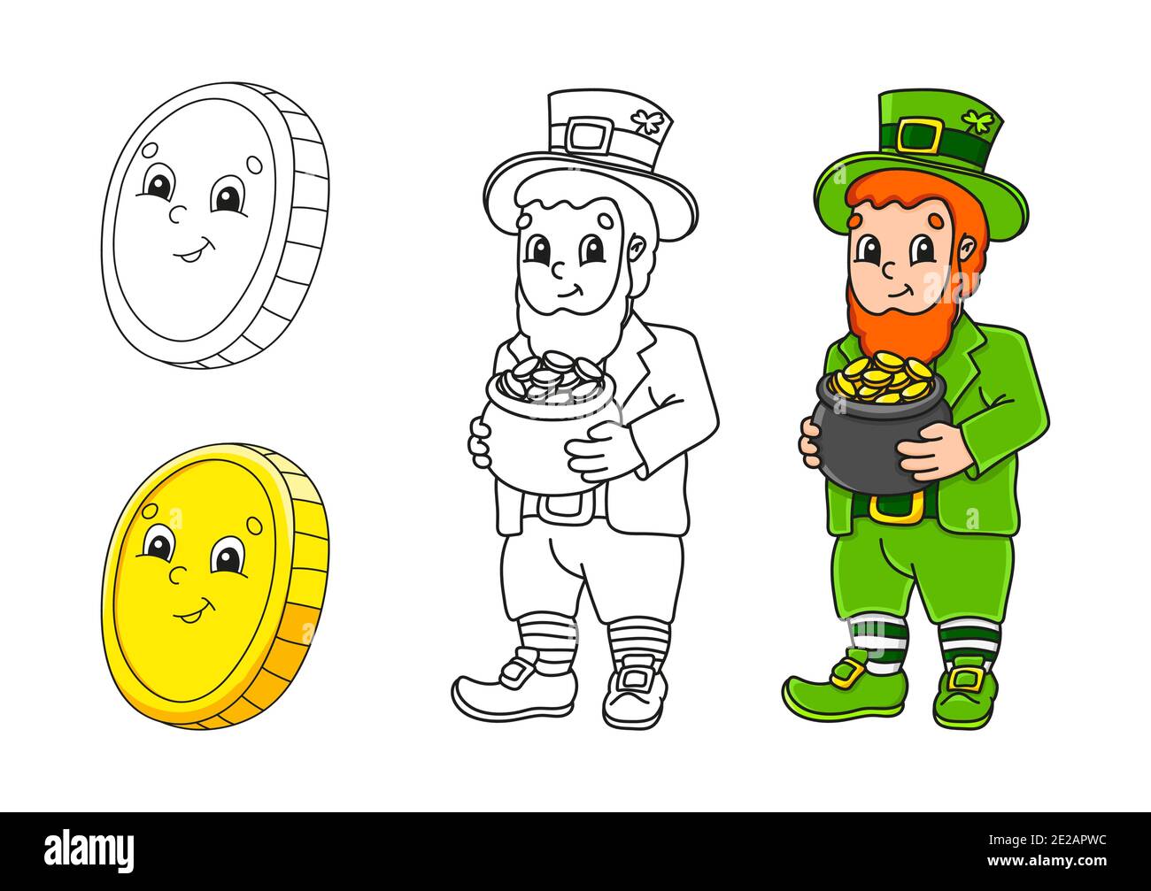 Set coloring page for kids st patricks day gold coin leprechaun with a pot of gold cute cartoon characters black stroke vector illustration w stock vector image art