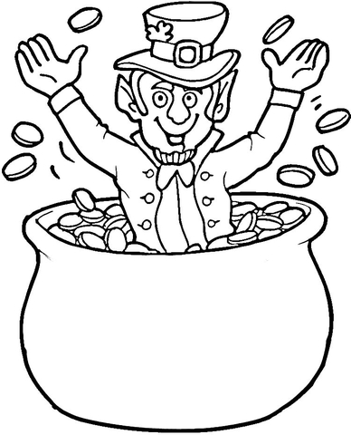 Leprechaun in gold coins pot coloring page free printable coloring pages