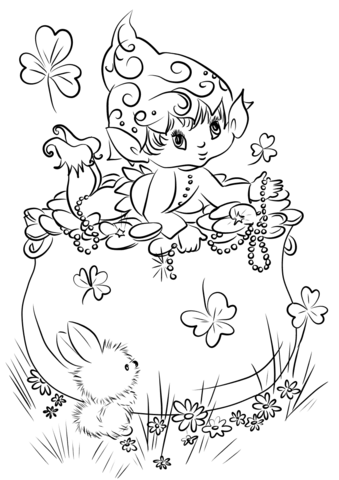 Cute leprechaun on a pot of gold coloring page free printable coloring pages