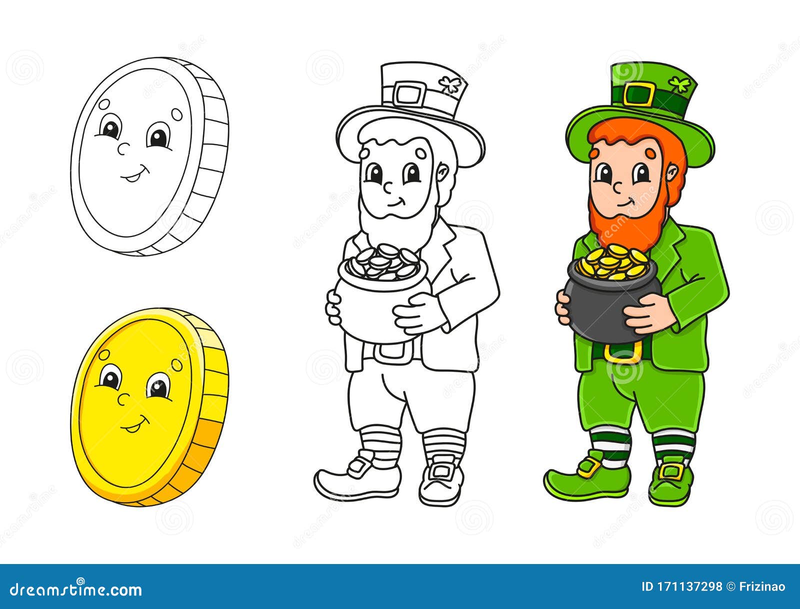 Set coloring page for kids st patrick s day gold coin leprechaun with a pot of gold cute cartoon characters black stroke stock vector