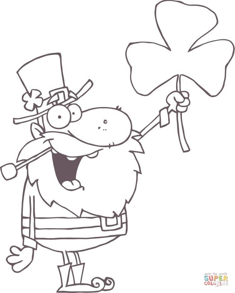 Happy leprechaun with shamrock coloring page free printable coloring pages