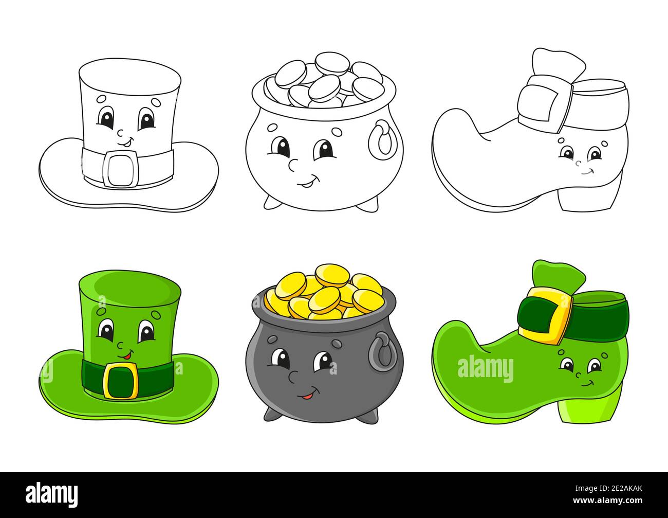 Set coloring page for kids st patricks day leprechaun hat pot of gold leprechaun boot cute cartoon characters black stroke vector illustratio stock vector image art